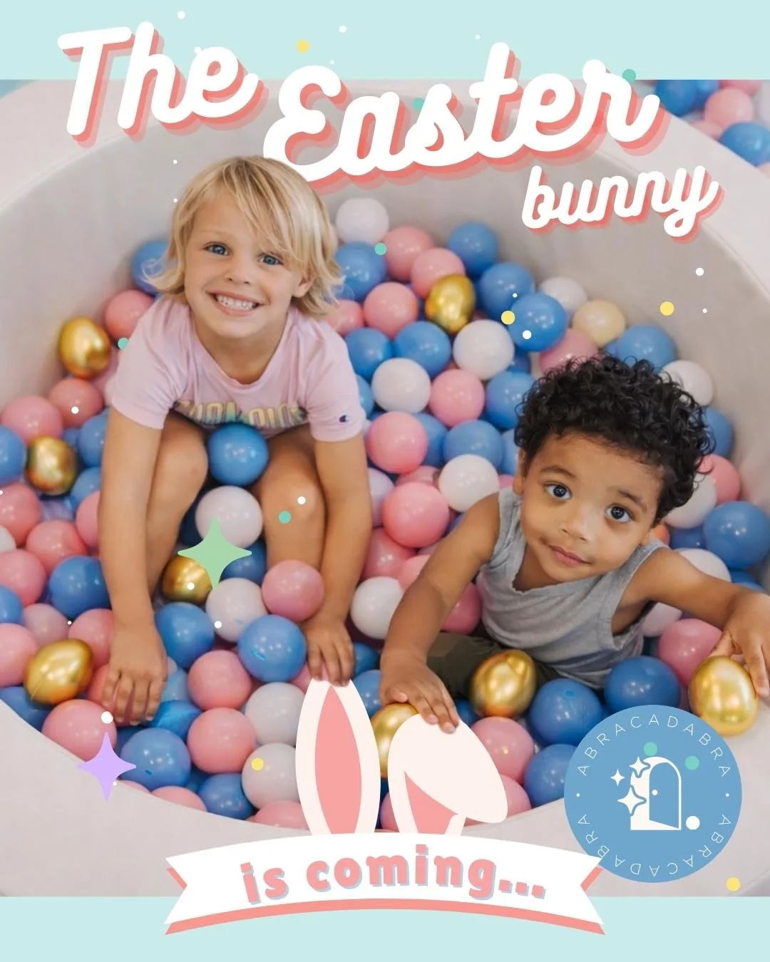 Cover post: The Easter bunny is coming, two kids in a ball pit with golden eggs.