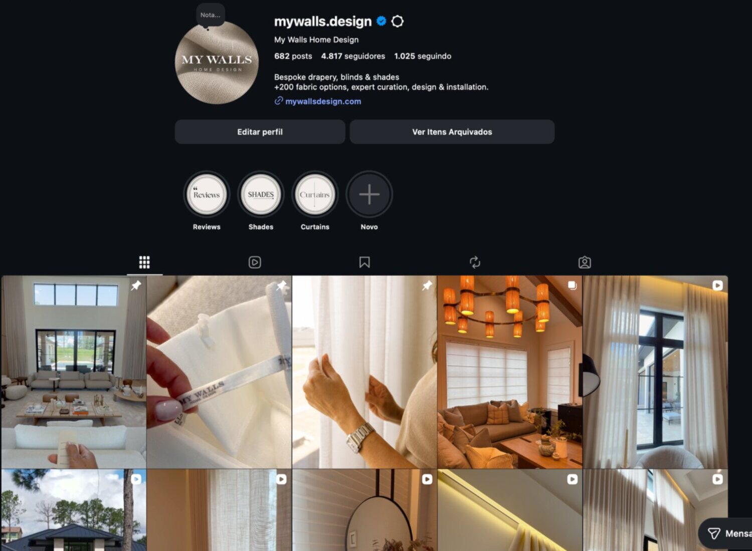 My Walls Instagram profile and content grid