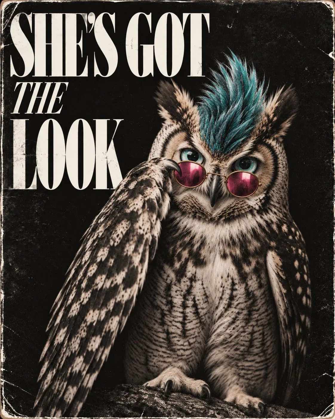Poster: She's got the look. Hannah with a spiked teal crest and pink sunglasses.