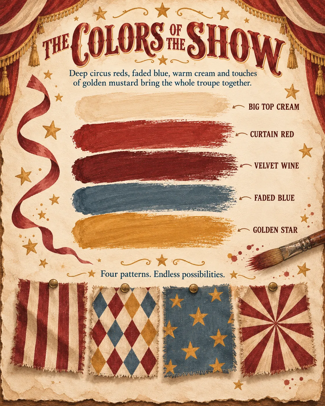 The colors of the show: five named colors and four patterns.
