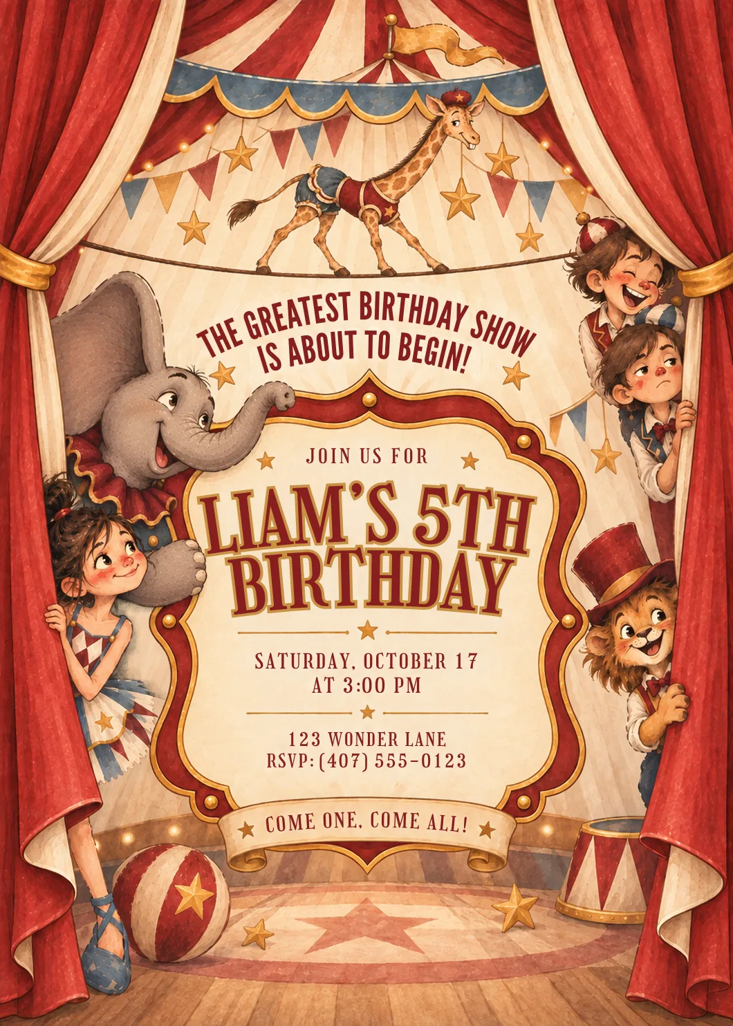 Finished invitation: Liam's 5th birthday, the greatest birthday show is about to begin.