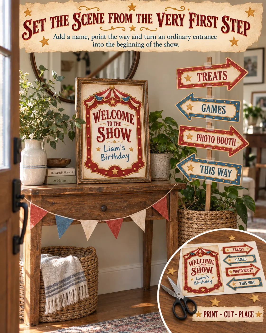 Set the scene from the very first step: welcome sign and arrow signs at the entrance.