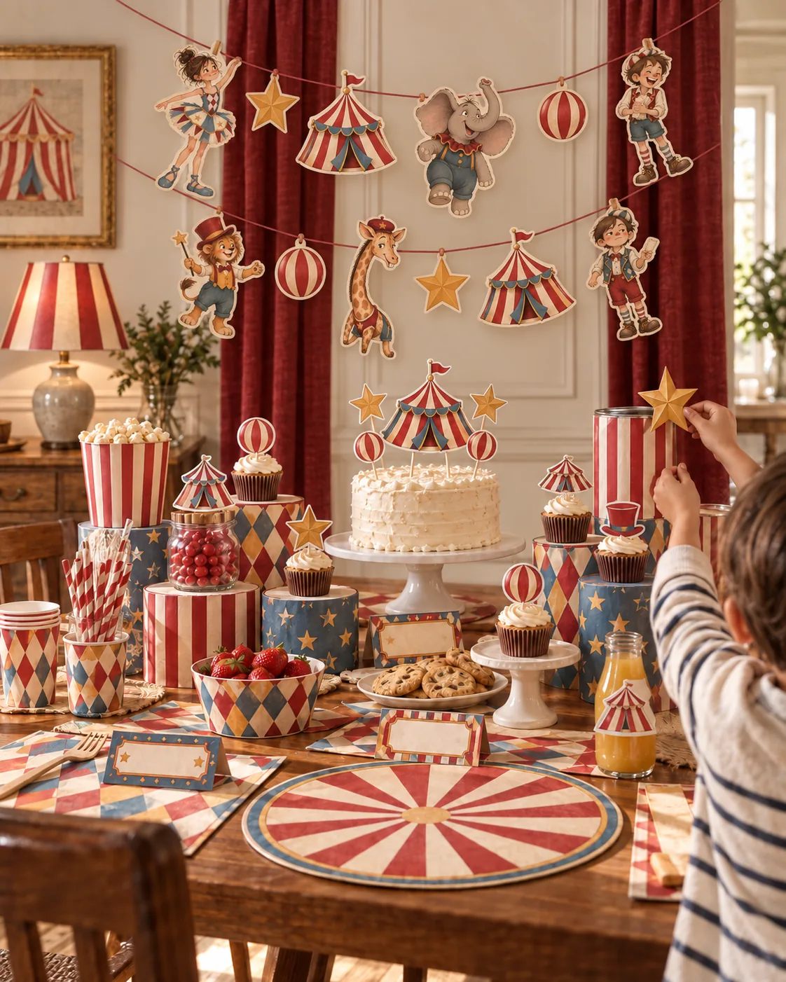 A party table with garlands, toppers, wraps and placemats from the collection.