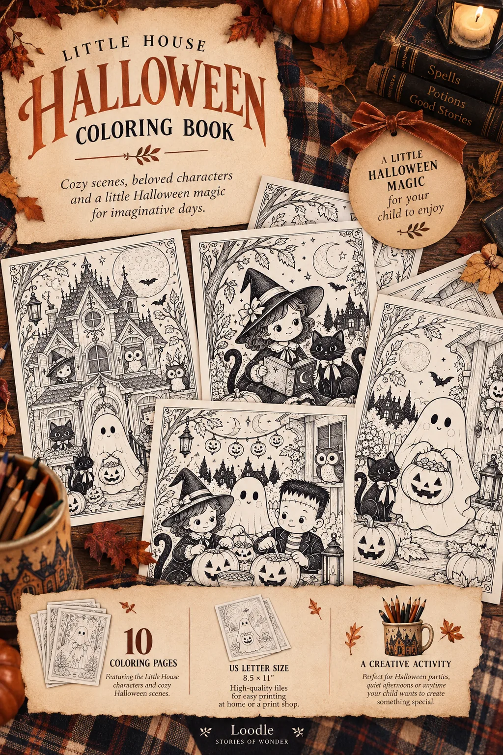 Little House Halloween coloring book with ten coloring pages.