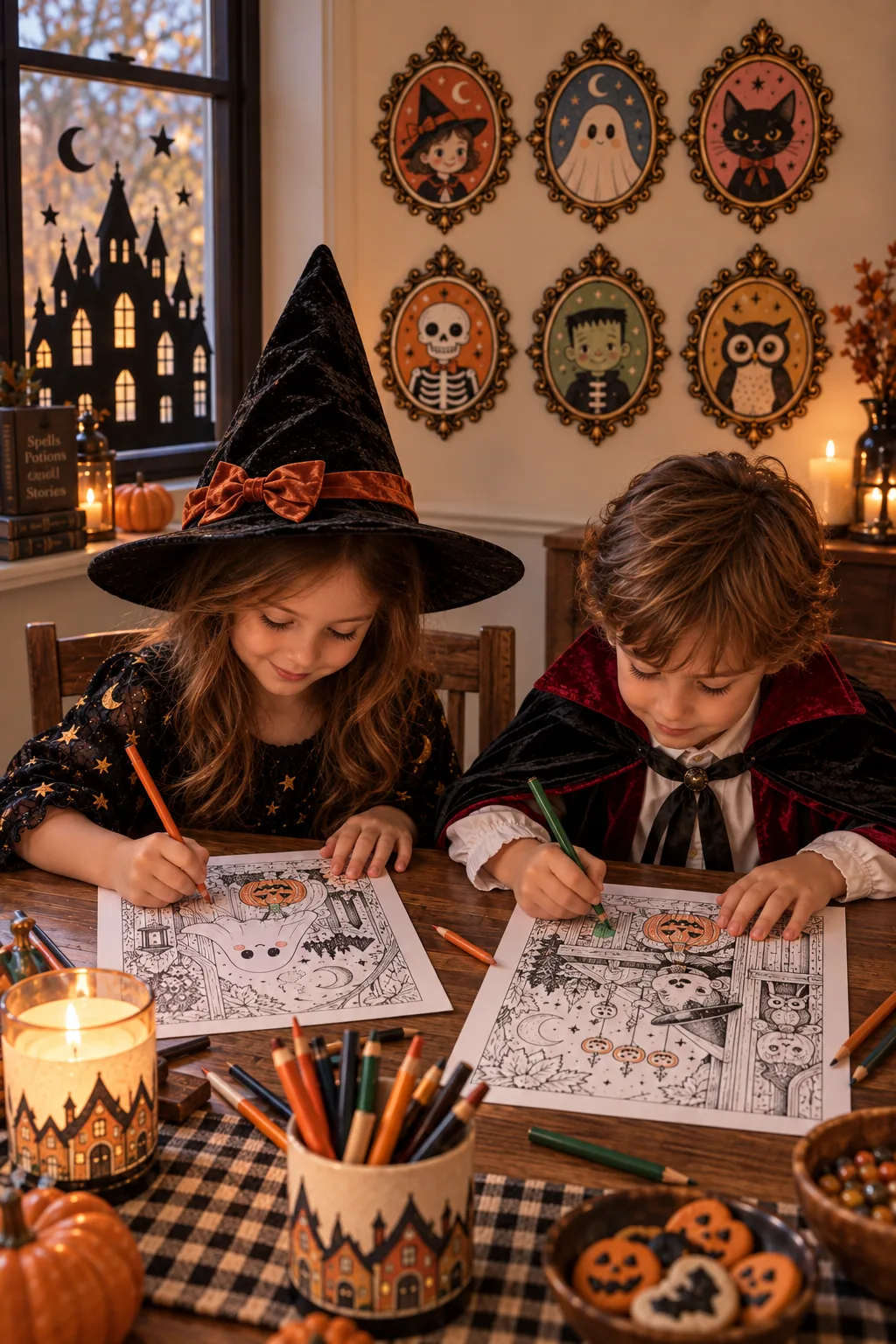 Two children in costume coloring pages from the collection.