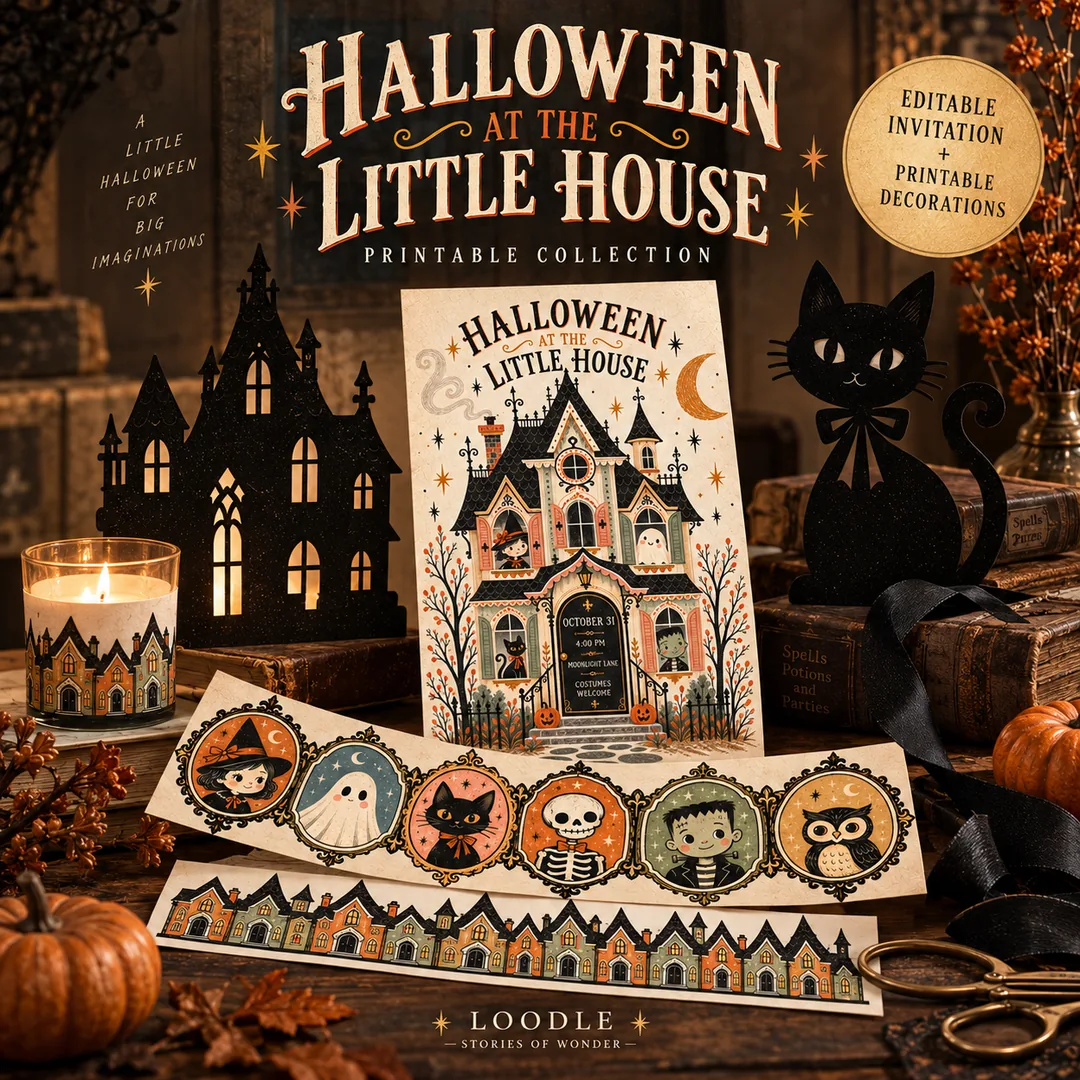 Halloween at the Little House printable collection with invitation, wraps and silhouettes.