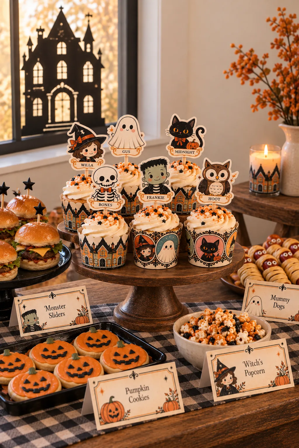 Cupcakes with character toppers and wraps, with food labels on the table.