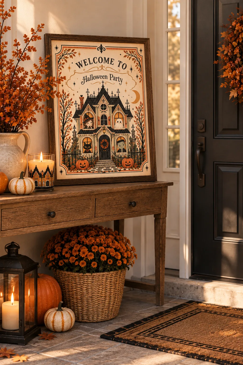 A framed welcome sign with the Little House illustration by the front door.