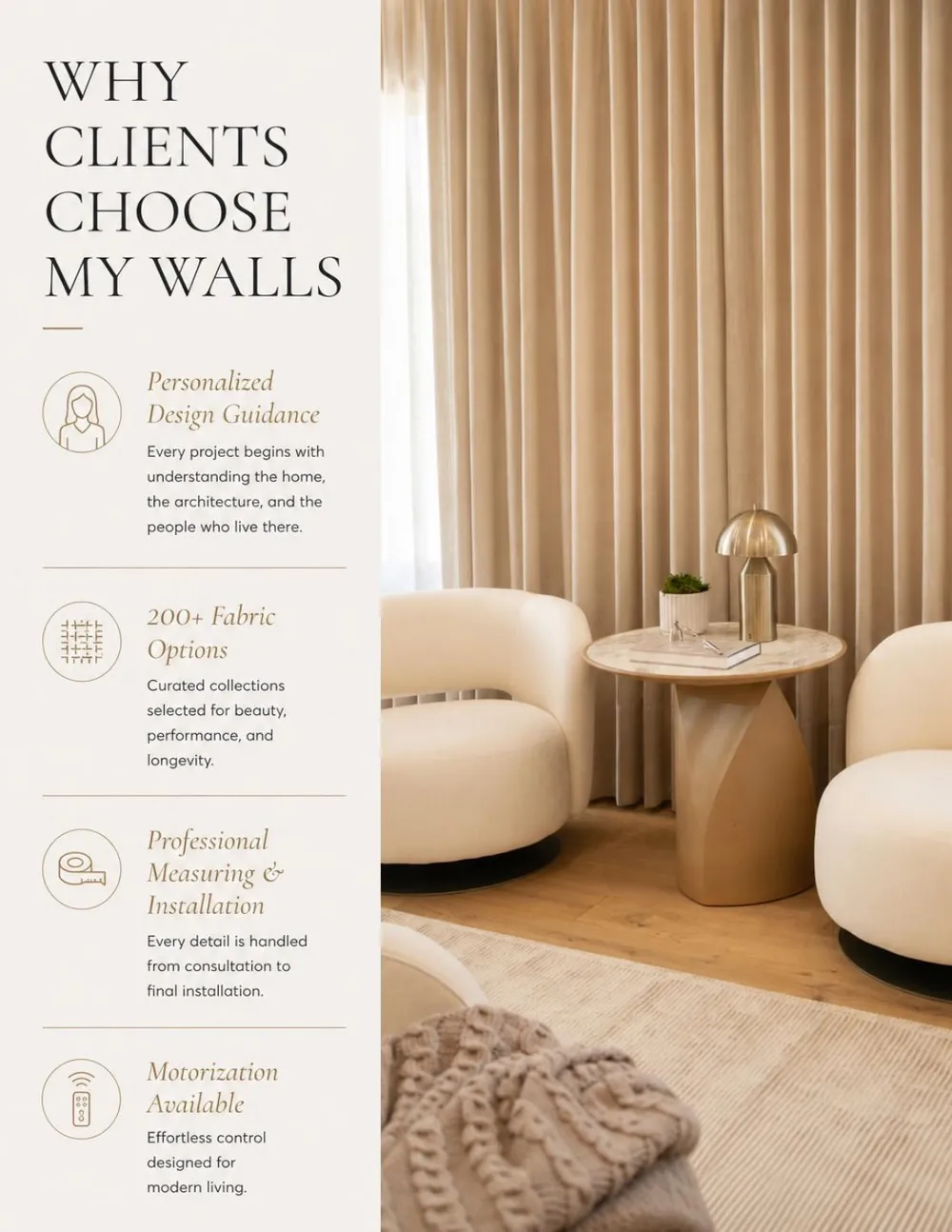 Brand deck: Why clients choose My Walls, four reasons beside a photo of armchairs and drapery.