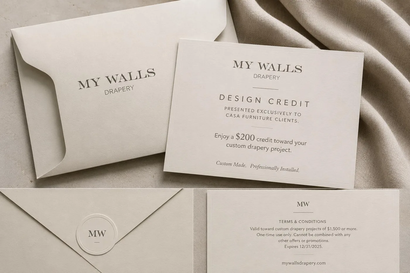 Envelope and card: a $200 design credit for clients of a partner furniture store, with terms.