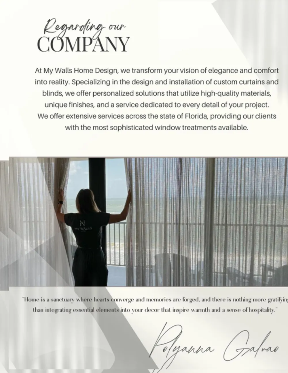 First portfolio: Regarding our company, with a photo of the founder opening a curtain.