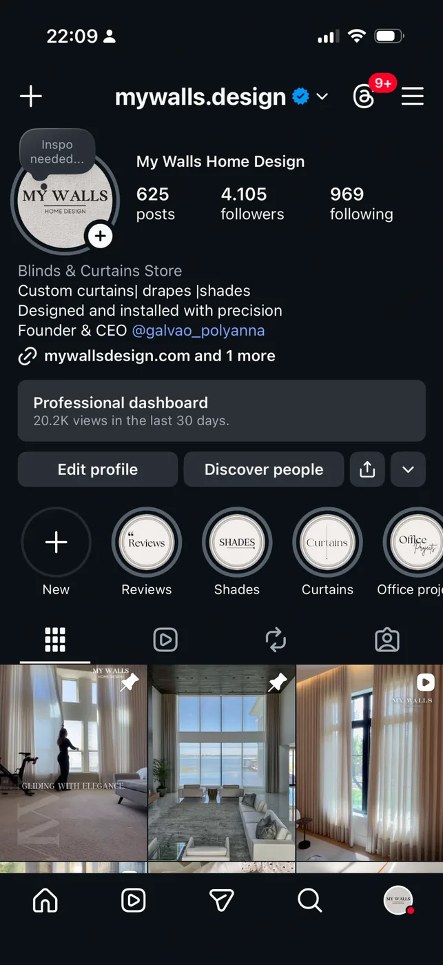 Instagram profile in 2026: verified, 625 posts, 4,105 followers, a bio focused on custom curtains, drapes and shades.