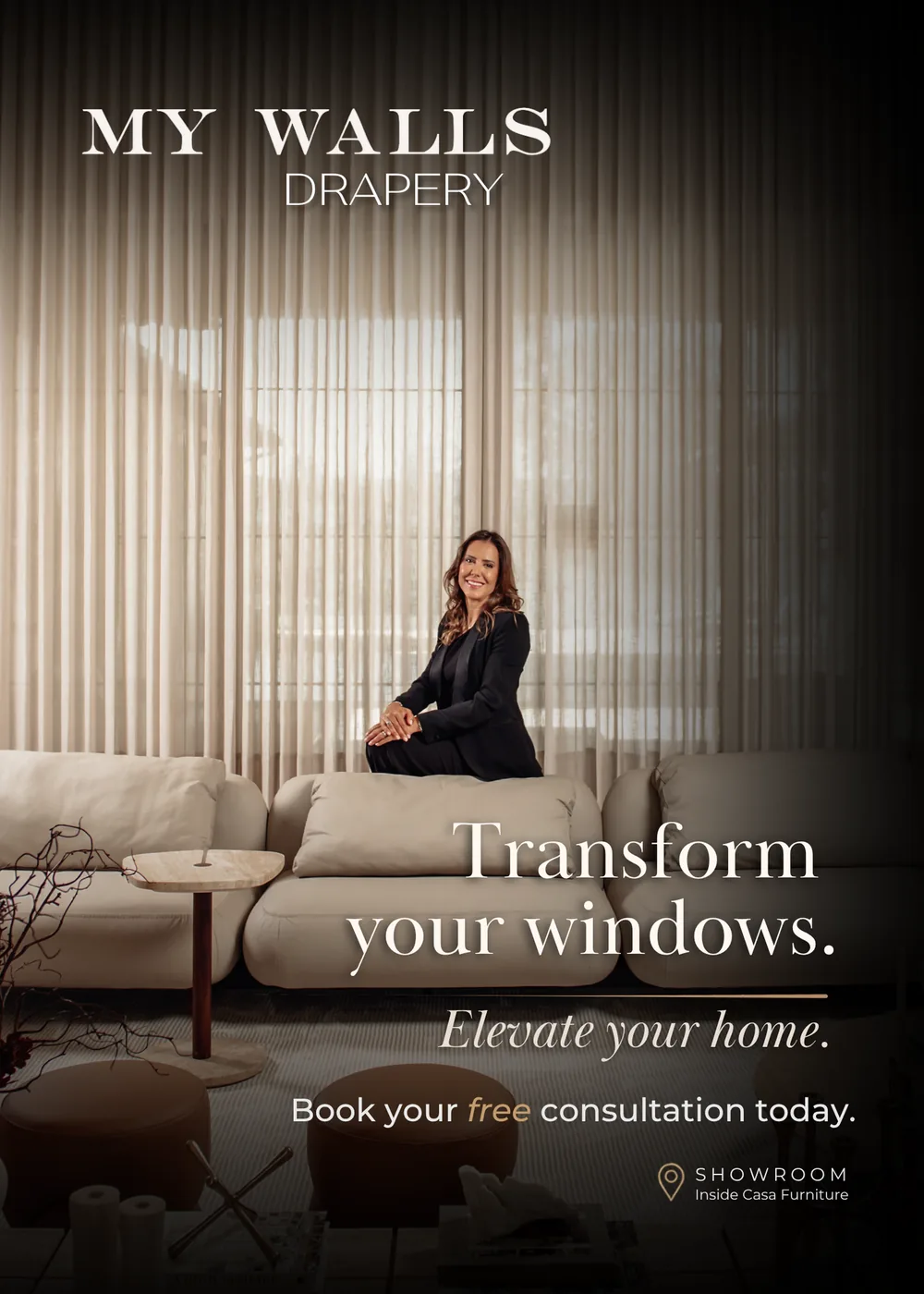 Poster: Transform your windows. Elevate your home. The founder seated in front of sheer drapery.