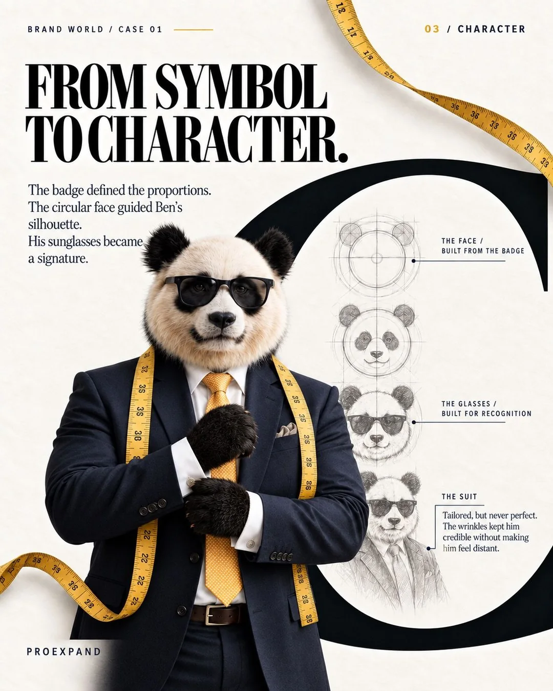 From symbol to character: Ben with a measuring tape, next to sketches of the face, the glasses and the suit.
